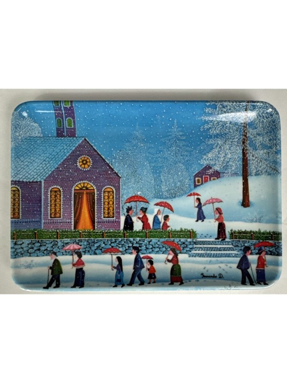 Melamine Winter Church Scene Small Trinket Tray 6x4 Made in Italy holiday vanity